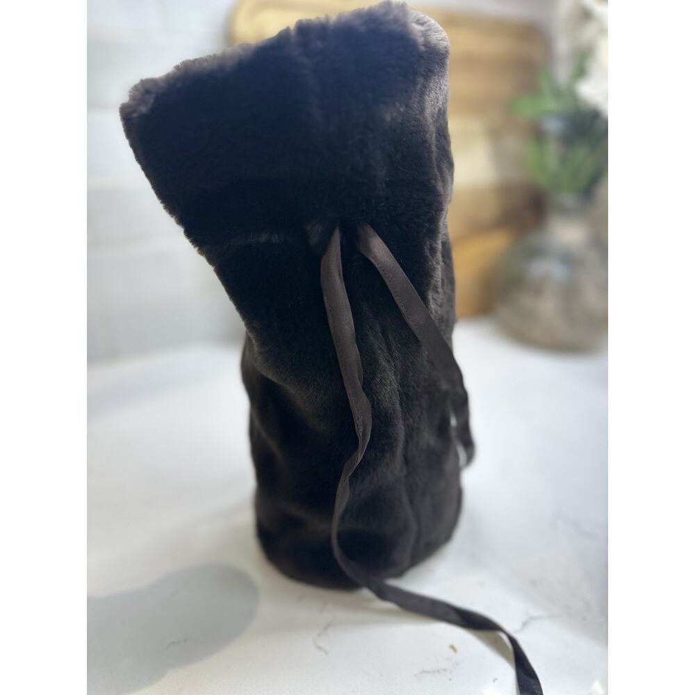 Faux Fur Wine Bottle Bag - VTG Pottery Barn - dark chocolate with silk tie - Picture 8 of 9